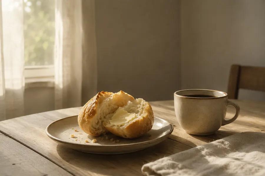 pão francês com manteiga sobre uma mesa ao lado de uma xícara