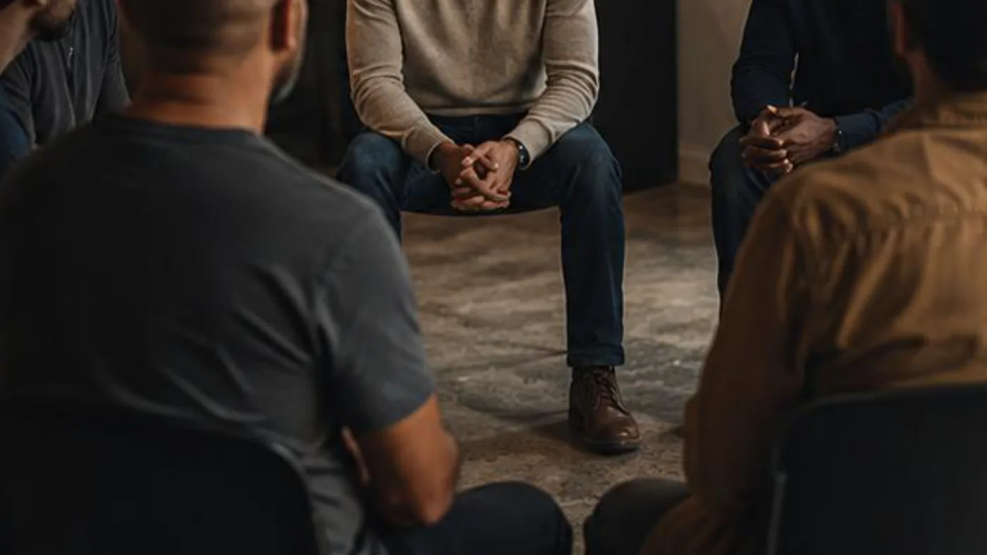 Homens sentados em roda de conversa.