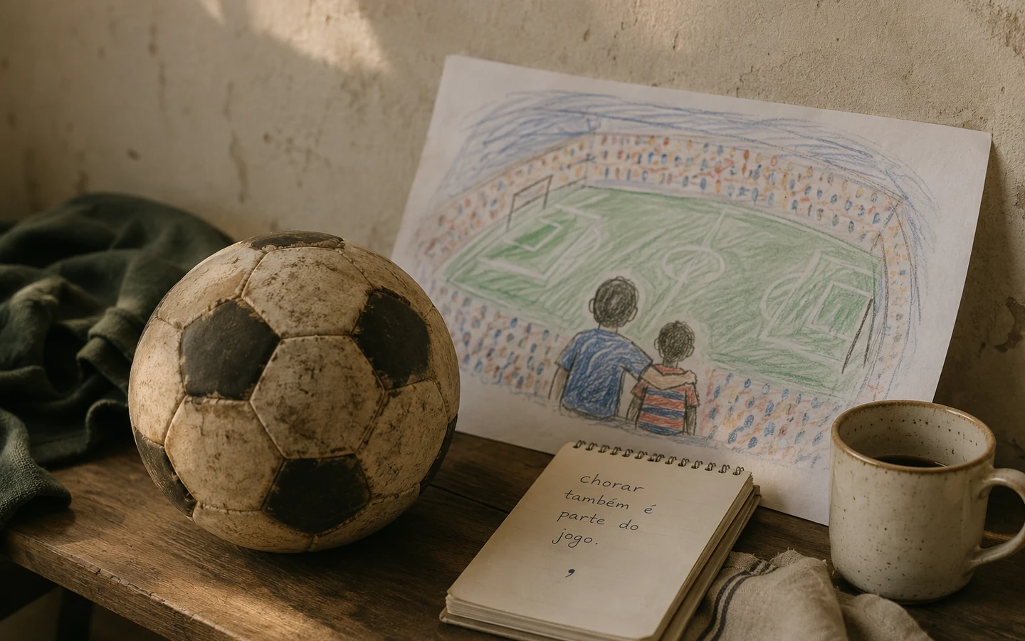 bola de futebol antiga, desenho de estádio e caderno sobre uma mesa