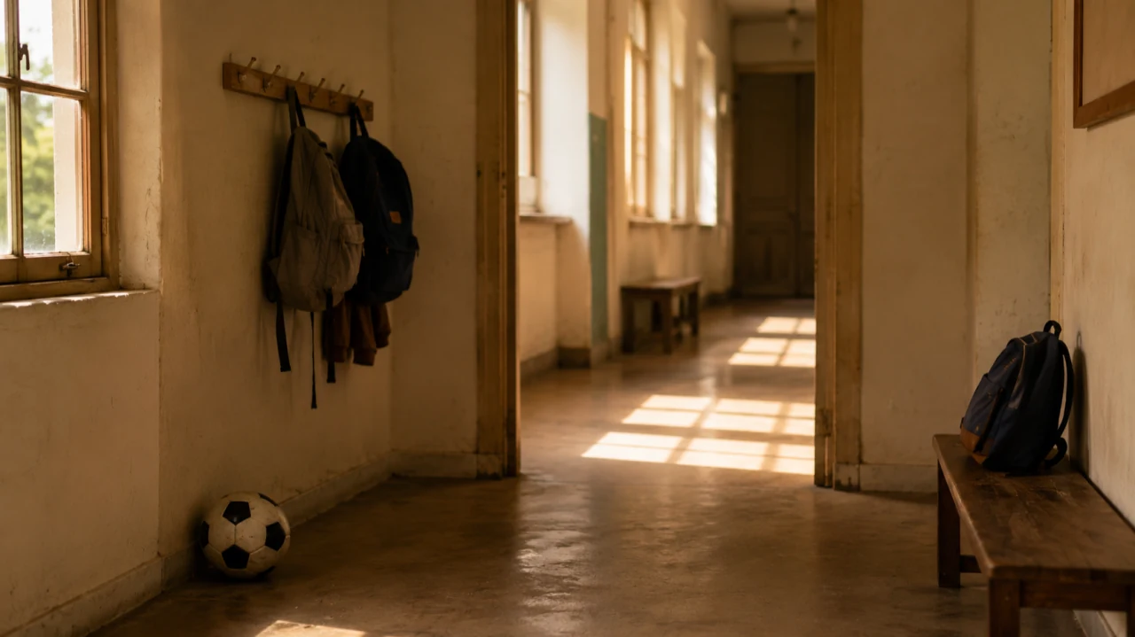 corredor de escola com mochilas, bola de futebol e luz entrando pelas janelas